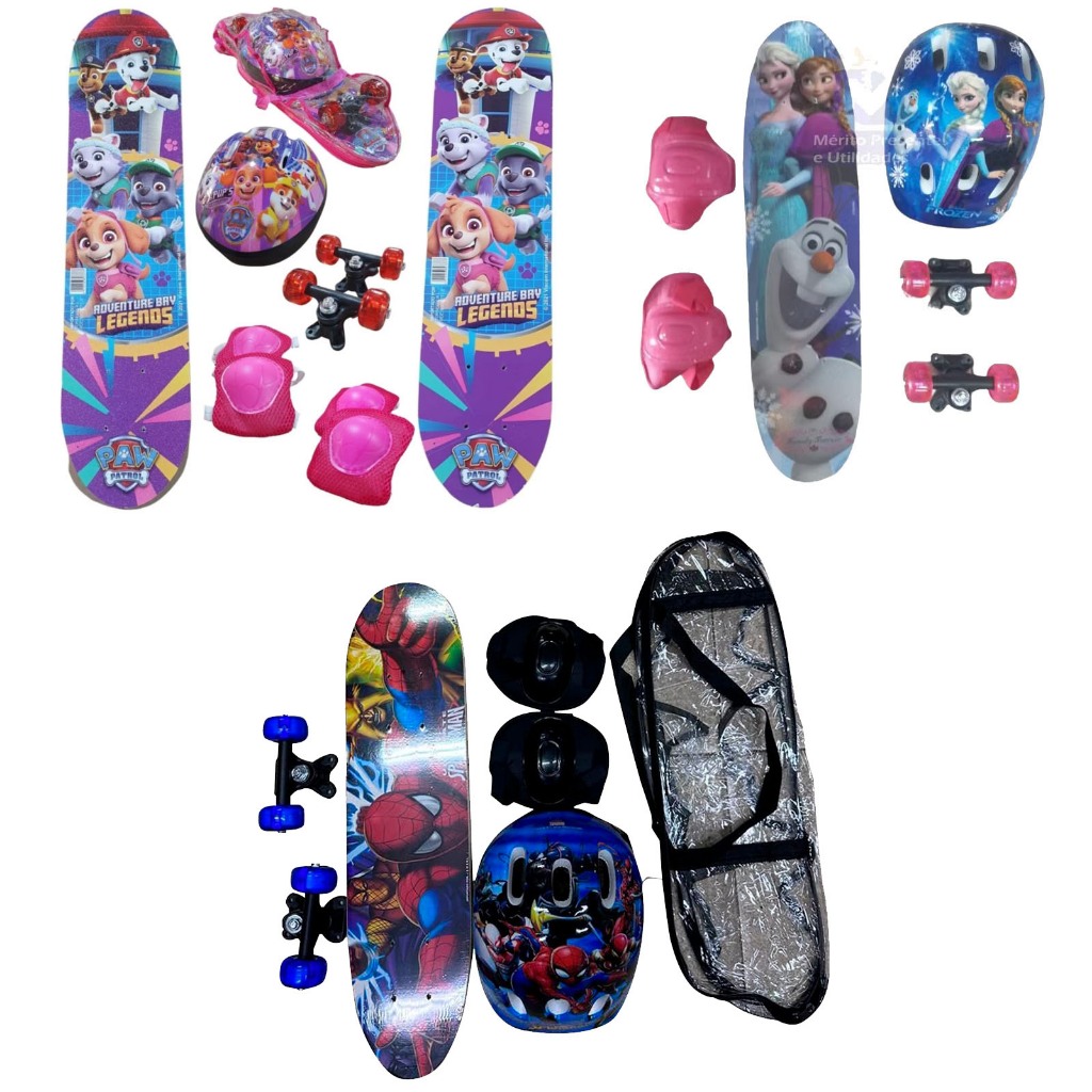Skate Infantil Radical Antiderrapante Vários Personagens luz Com Kit Segurança Meninos e Menina 60CM em Oferta na Shopee