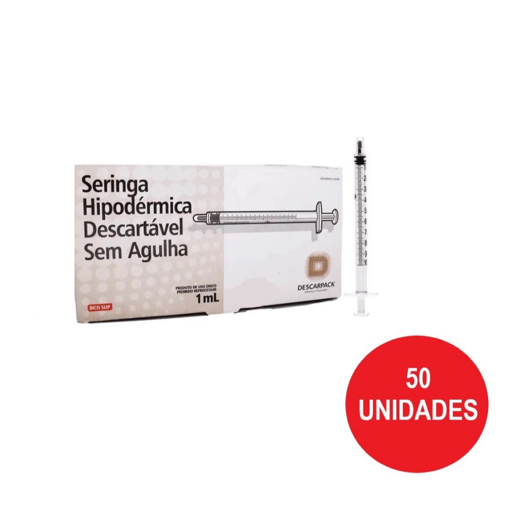SERINGA DESCARTÁVEL SEM AGULHA BICO SLIP 1 ML COM 50 UNIDADES DESCARPACK em Oferta na Shopee