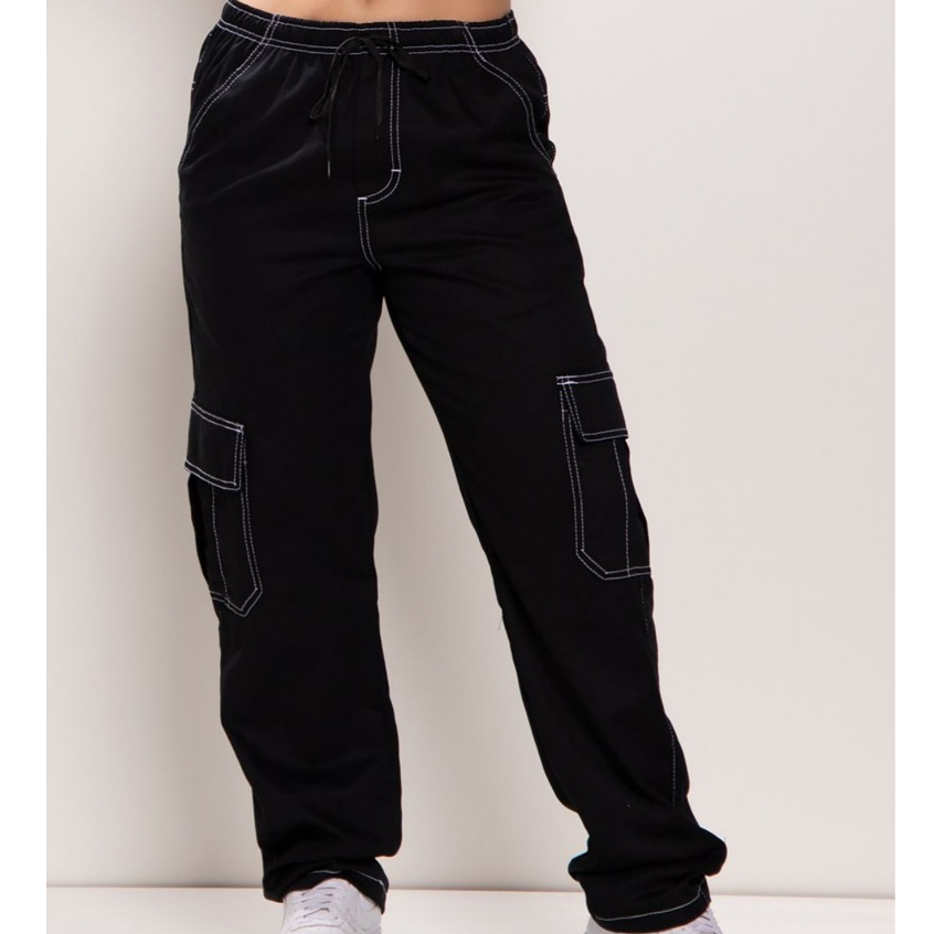 calça cargo  larga sarja feminina PRETO COM LINHA BRANCA fechamento cordao moda em Oferta na Shopee