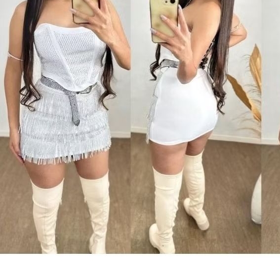 Conjunto Branco Feminino Corset e Saia de Franjas em Strass / Conjunto Branco Final de Ano