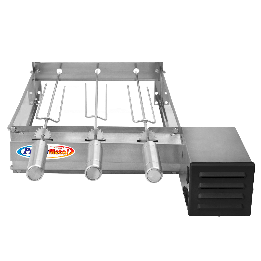Churrasqueira Elétrica Gira Grill Baixo Inox Com 3 Espetos Giratorio Motor Weg