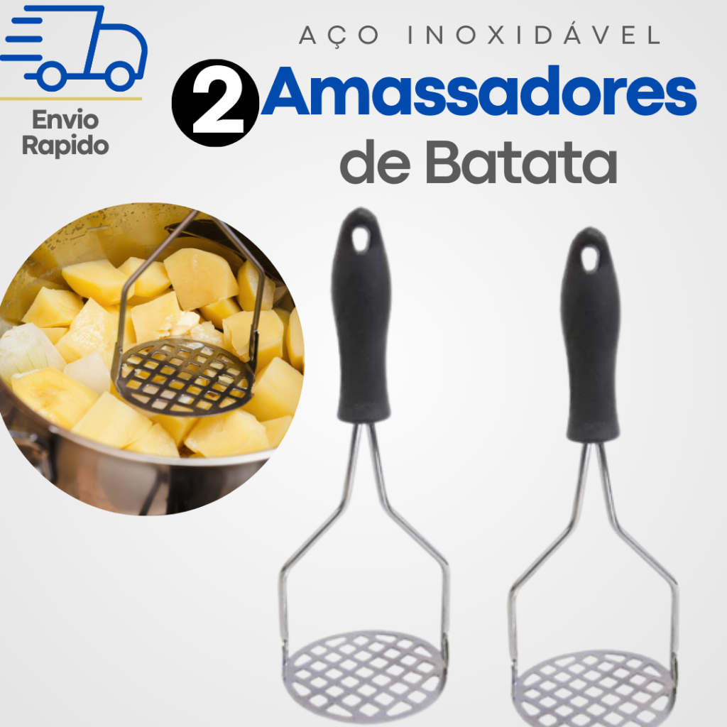2 Amassador Batatas Espremedor Manual Legumes Multiuso Aço Inox Com Cabo Plastico Cozinha Multiuso