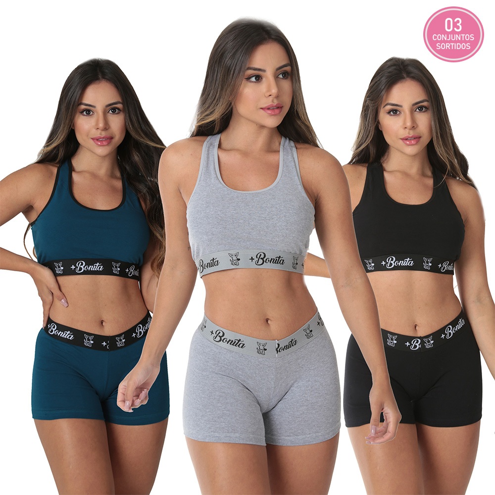 KIT 3 Conjuntos Lingerie Top Short Algodão Cintura Alta - Women Clothes