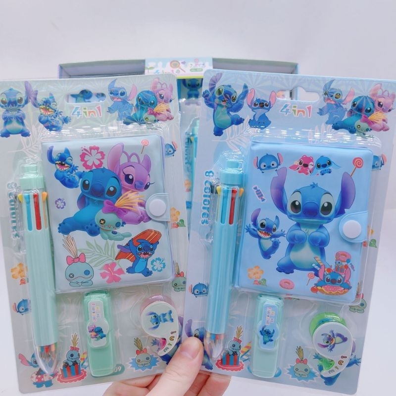 Kit Mini Papelaria Stitch Caneta Caderno Marca Texto Washi Tape Papelaria Escola Fofo
