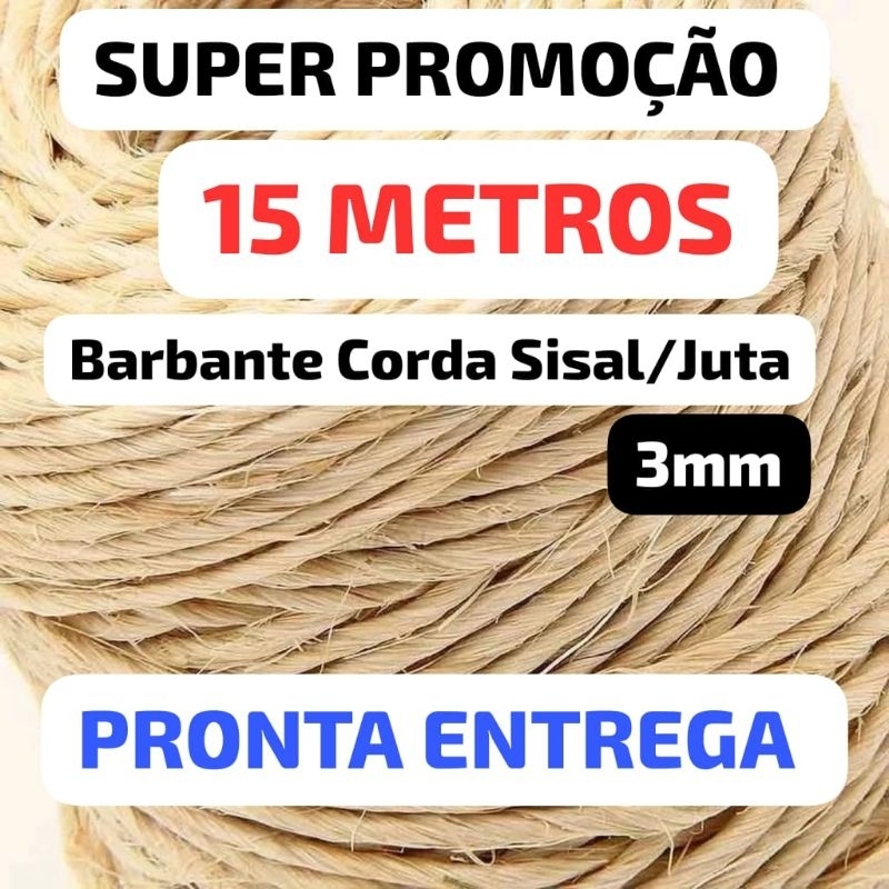 15 Metros Corda Sisal 3mm, para artesanato, lembrancinhas, arranhadores de gato