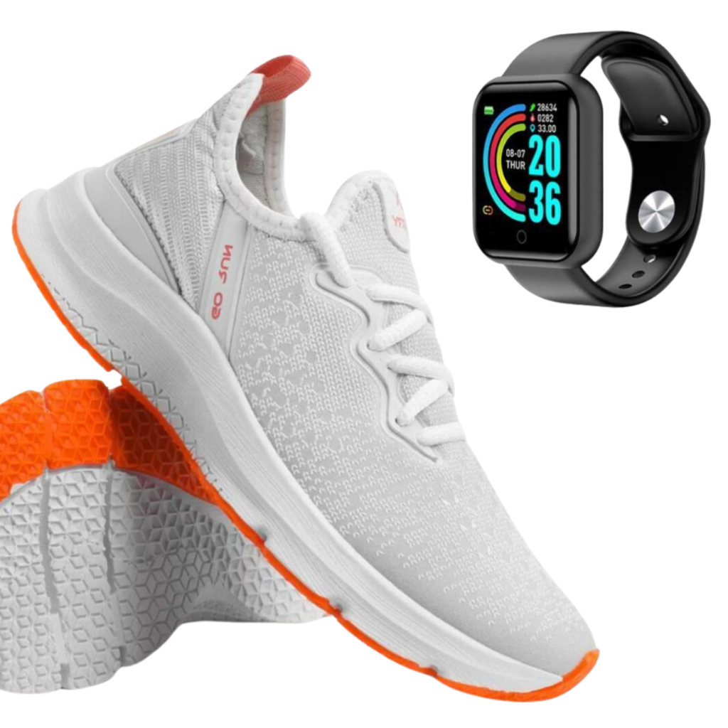 Kit Tênis Feminino Olimp Caminhada Academia Dia a Dia Branco e Relógio Smart