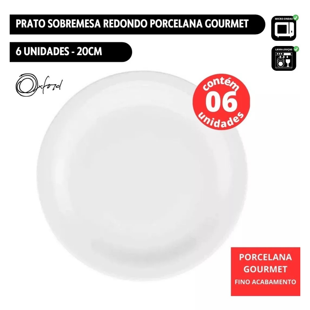 Prato de Sobremesa Porcelana 20cm Branco 6 Unidades Hotel Restaurante Oxford Jogo de Pratos