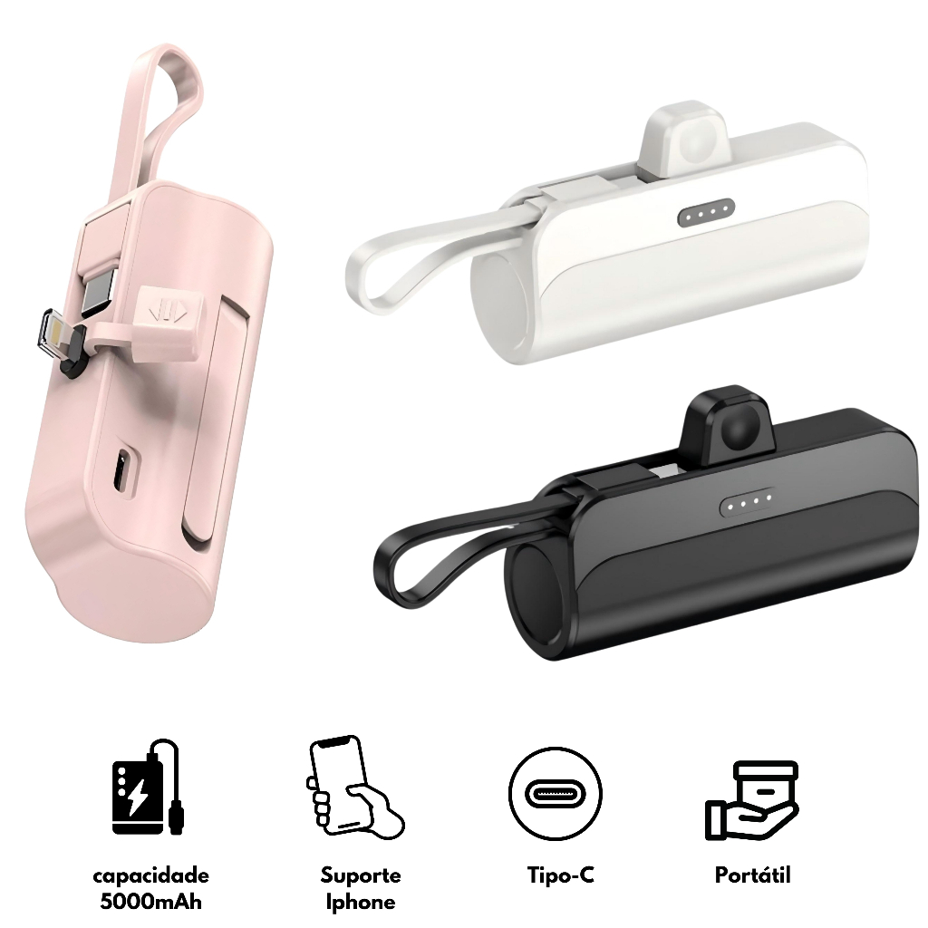 Carregador Mini Power Bank 5000mAh Bateria Auxiliar Sem Fio 2em1 para iPhone e Tipo-C em Oferta na Shopee