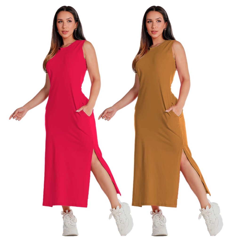 Kit 2 Vestidos Midi Casual Malha Algodão