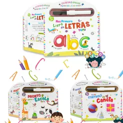 Coleção Alfabetização - Livro Caderno De Caligrafia Infantil, Números, Alfabeto + Caneta Magica Apagável Folhas Duras