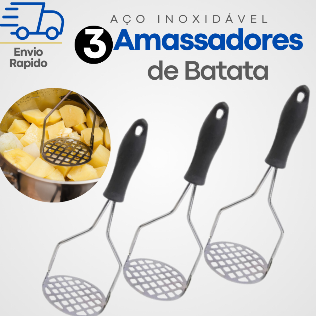 3 Amassador Batatas Espremedor Manual Legumes Multiuso Aço Inox Com Cabo Plastico Cozinha Multiuso