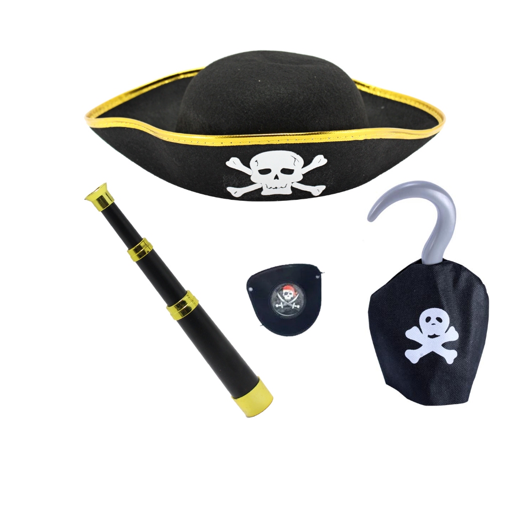Kit Pirata Chapéu Luneta Tapa Olho Gancho Fantasia Carnaval