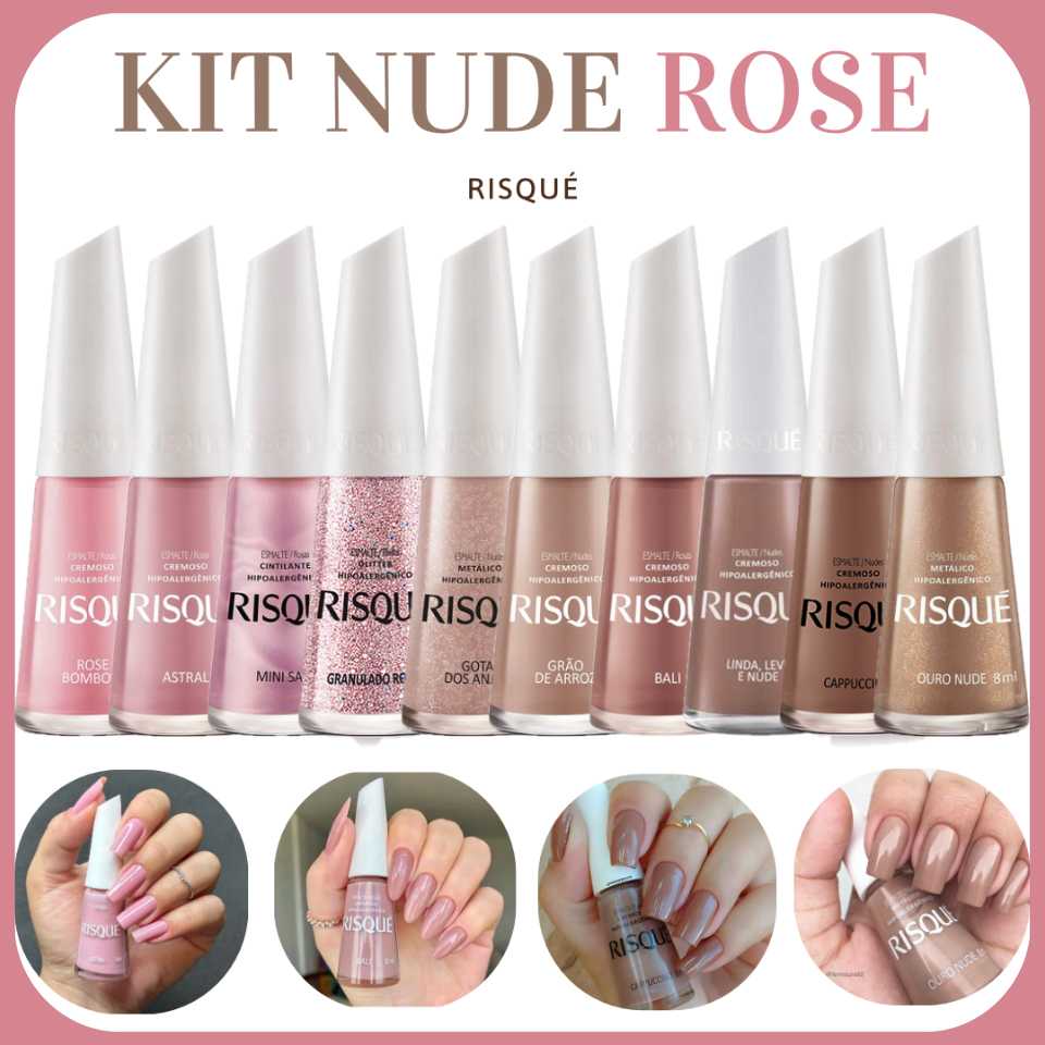 Kit 10 Esmaltes Cores Tons Nude e Rosa - RISQUÉ