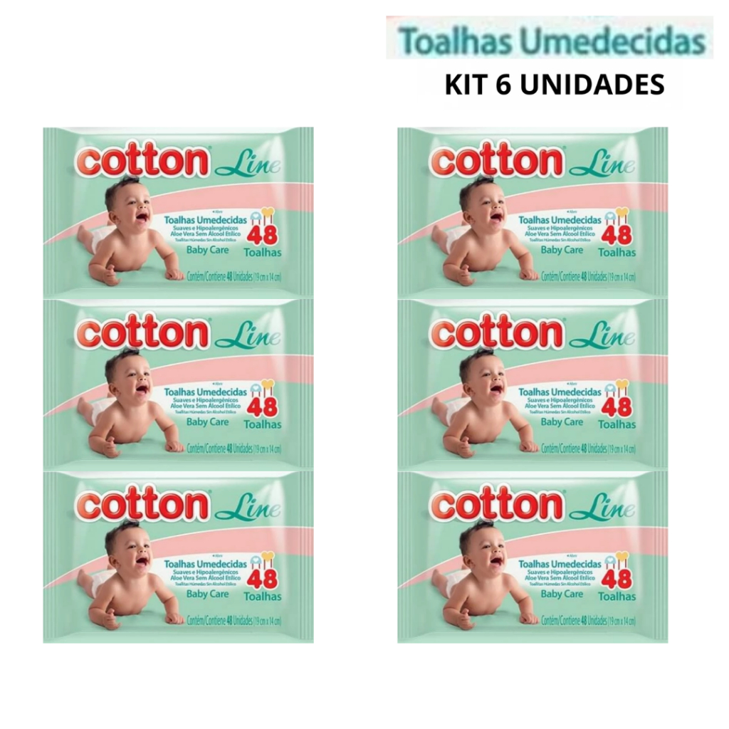 Toalhas Umedecidas Cotton Line 6 Pacotes C/ 48 unidades Cada