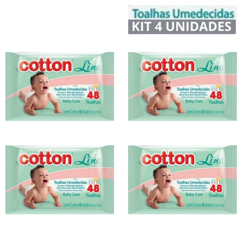 Toalhas Umedecidas Cotton Line 4 Pacotes C/ 48 unidades Cada
