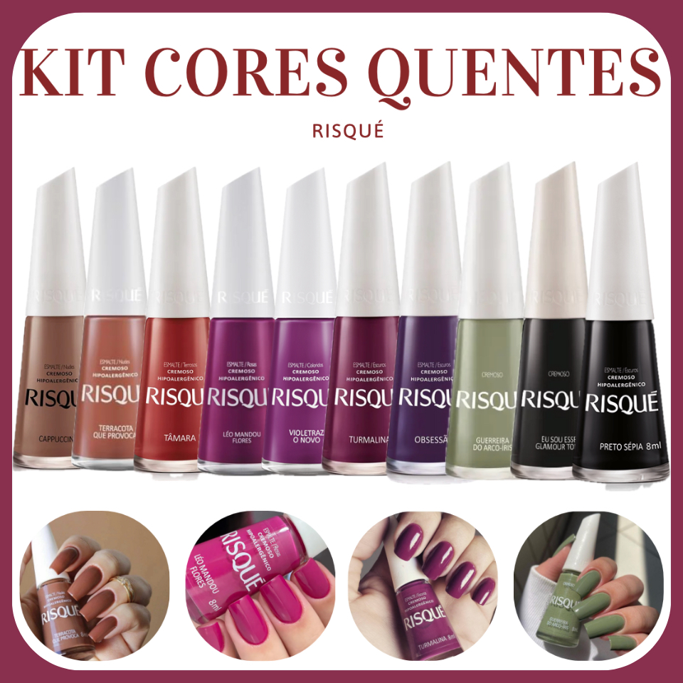 Kit 10 Esmaltes Risqué Hipoalergênicos Tons Escuros Cores Quentes Manicure Unhas