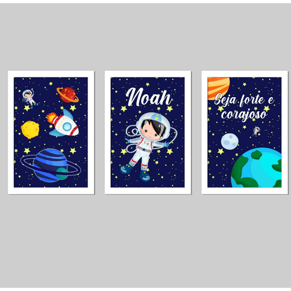 Kit Quadros Decorativos 3 Peças Personalizado Astronauta Azul Planetas Infantil Bebê  Nome Criança em Oferta na Shopee