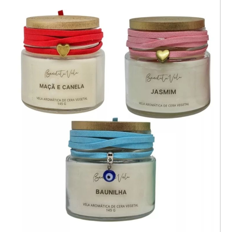 Kit 3 velas Baunilha, Jasmim e Maçã 145 g cada + latinha