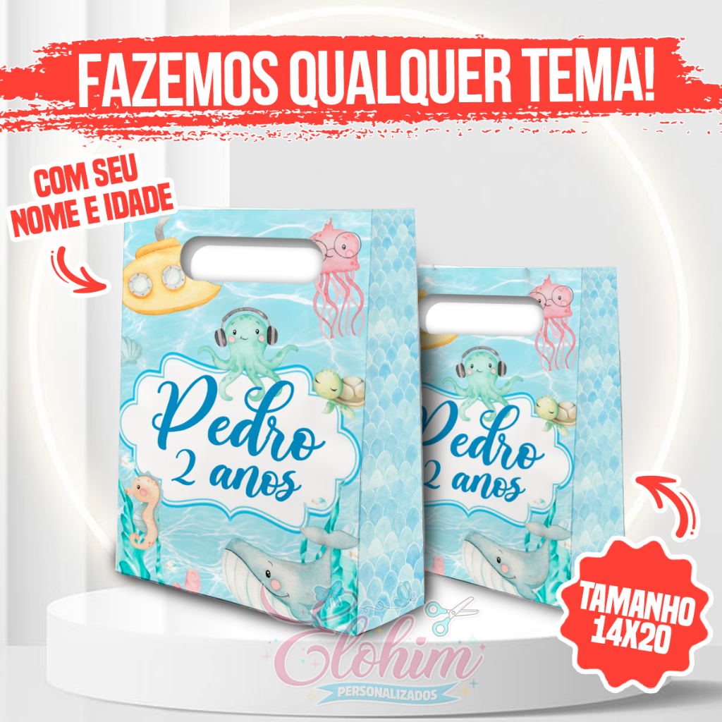 Sacolinha personalizada de papel para festa - PEGUE E MONTE (FAZEMOS QUALQUER TEMA) - Fundo do Mar