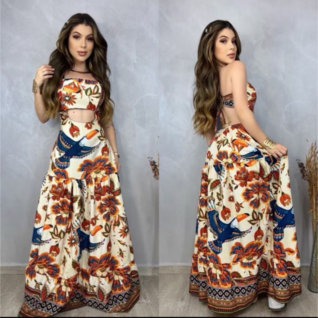 Vestido Feminino Longo Estampado Moda tropical E Floral Com Barrado