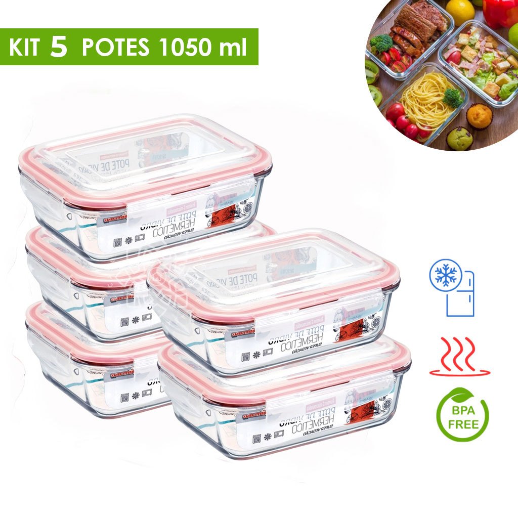 Conjunto 2 ou 5 Potes Vidro Hermético Mantimentos Marmita 1050ml em Oferta na Shopee