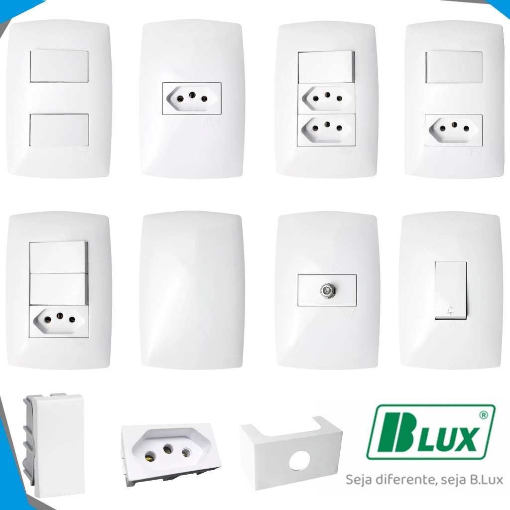 Home Branco - Tomada 10A 20A Interruptores Simples e Paralelo Placas e Pulsador de Campainha Blux
