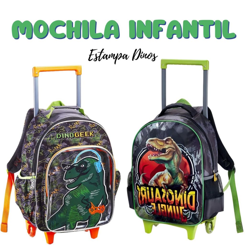 Mochila Bolsa Escolar Infantil Rodinhas Dinossauro Estampas 3D em Oferta na Shopee