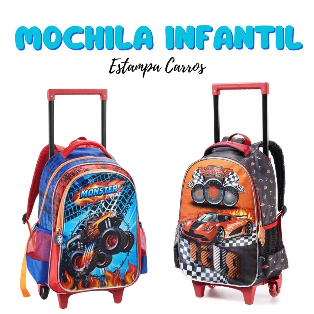 Mochila Grande Bolsa Escolar Infantil Rodinhas Carros Estampas 3D