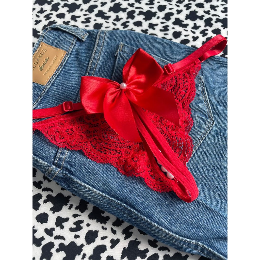 Kit 2 Lingeries Sexy Fio Dental com Laço Calcinha Abertura com Regulagem Tanga Renda Pérola Apressadinha