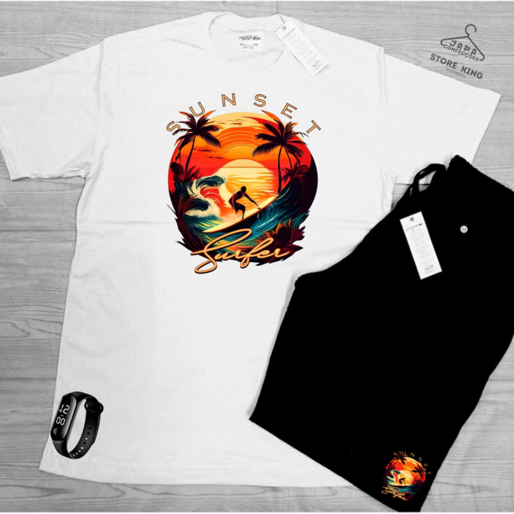 Kit Verão Bermuda e Camiseta algodão caminhada academia produto qualidade SUNSET SURFERS  +RELOGIO DIGITAL