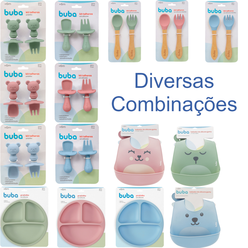 Kit introdução alimentar em silicone com Prato, talheres e Babador - Buba em Oferta na Shopee