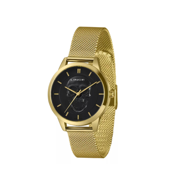 Relógio Lince Dourado E Preto Caveira Mesh Police Lrg4809l36