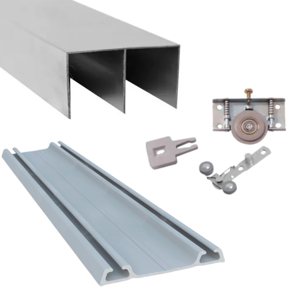 Kit Trilho Inferior e Superior Porta de Correr Roldana Rodízio Guarda Roupa Armário