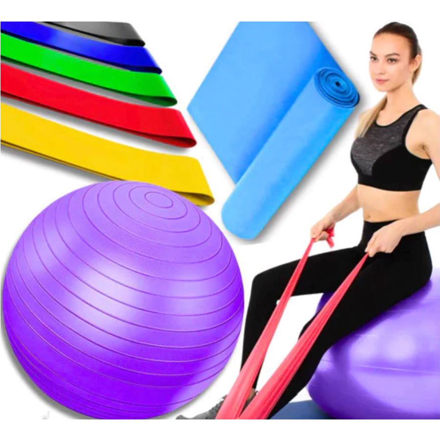 Kit Bola Suiça Pilates Fisioterapia 55cm + Faixa Elastica Thera Band + 5 Elástico treino Band