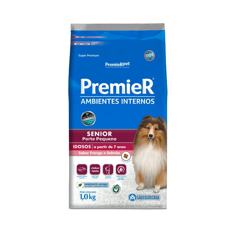 Ração Premier Senior Ambientes Internos para Cães Adultos 7+ Sabor Frango e Salmão - 1kg