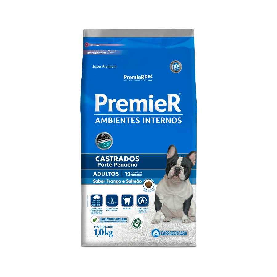 Ração Premier Ambientes Internos Para Cães Adultos Castrados Sabor Frango e Salmão - 1kg
