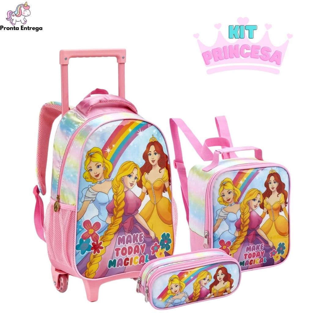 Kit Mochila Escolar Infantil Princesa 2 Em 1 Rodinhas Criança Menina