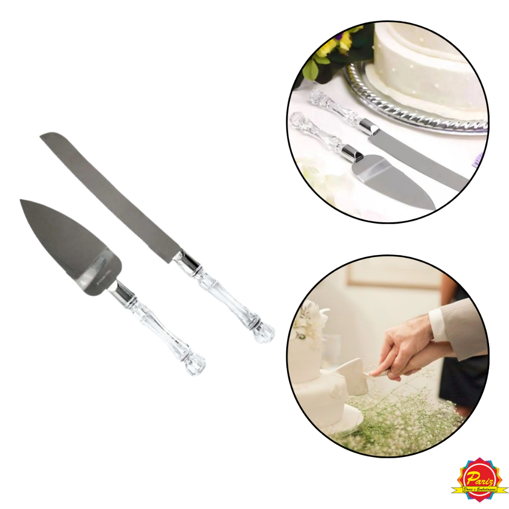 Kit Faca e Espátula em Aço Inox e Acrílico para servir Bolo Tortas em Festas - Em casa tem