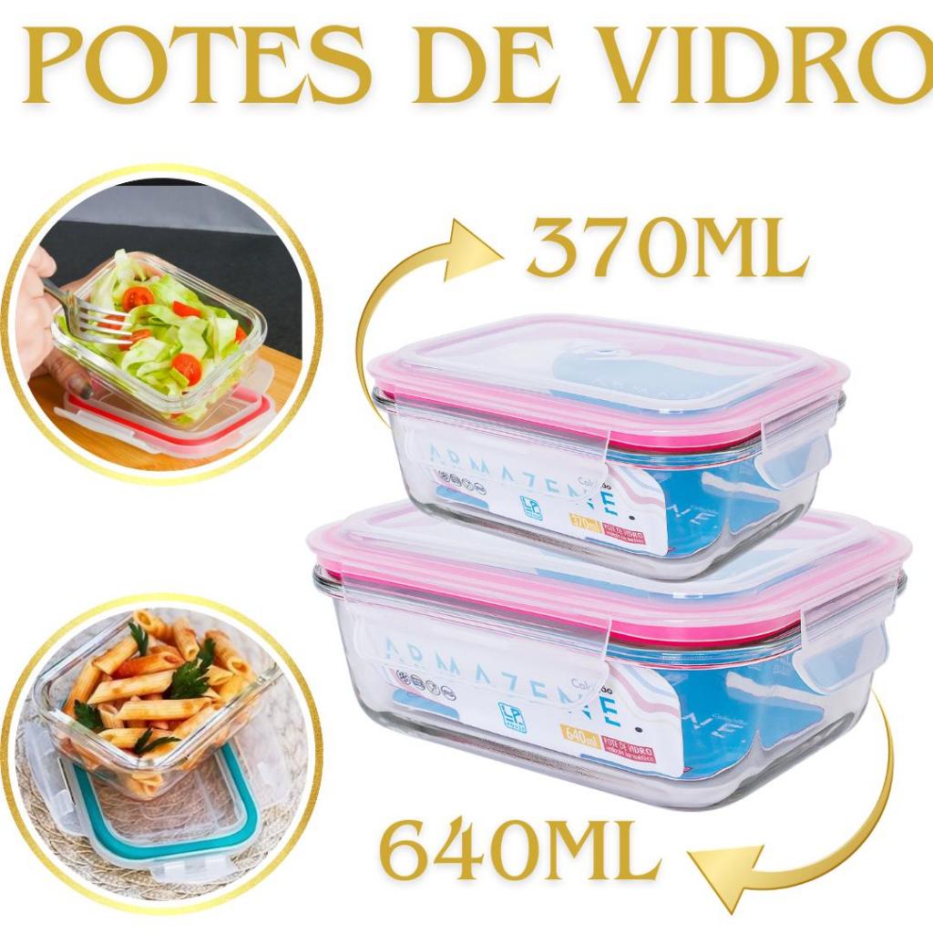 02 Potes de Vidro Com Tampa  Hermética 370 + 640 ML - Marmita Fitness - Geladeira - Micro-ondas em Oferta na Shopee