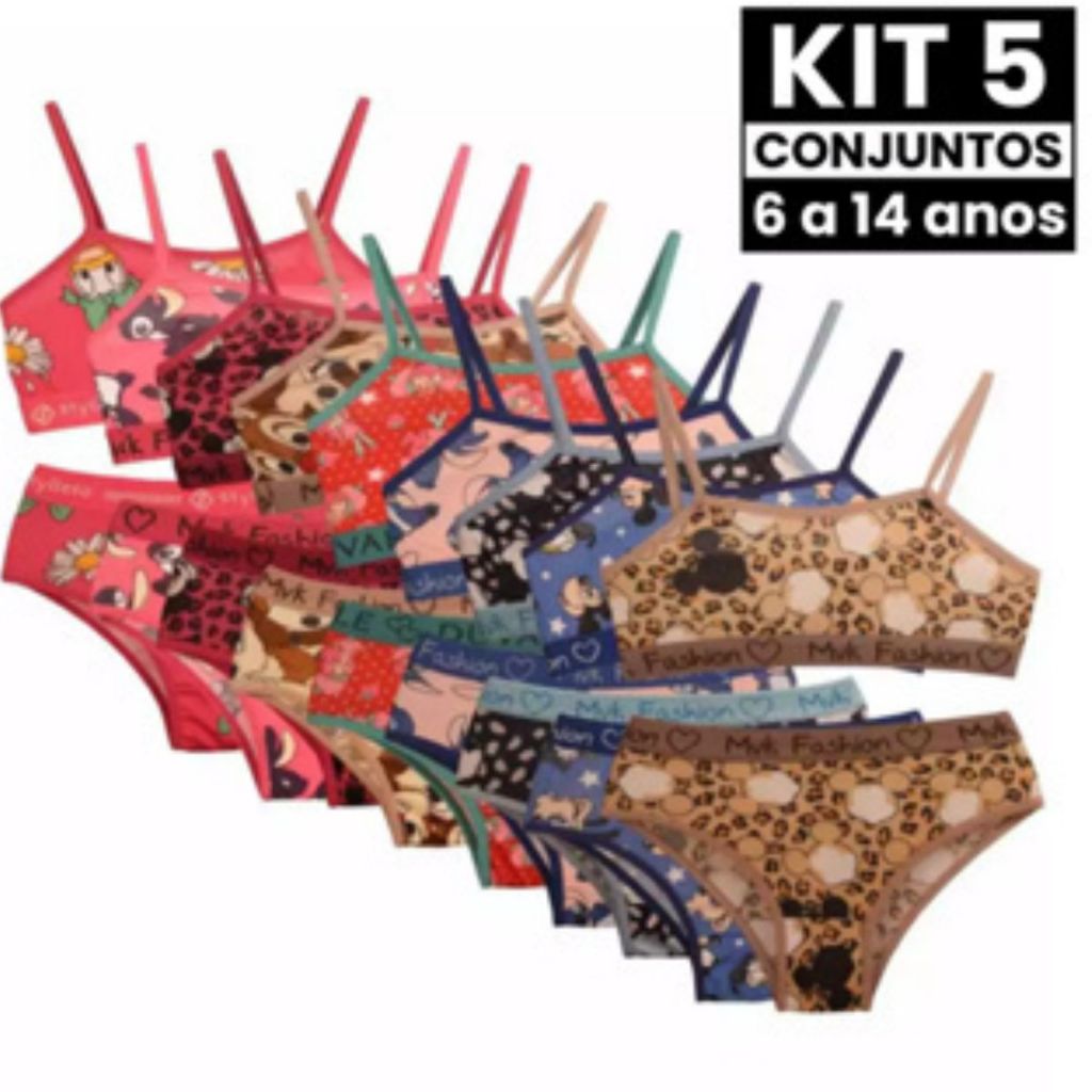 Kit 5 Conjuntos Juvenil Adolescente Calcinha Sutiã  Bustie Moda Infantil Mocinha Escola Me...