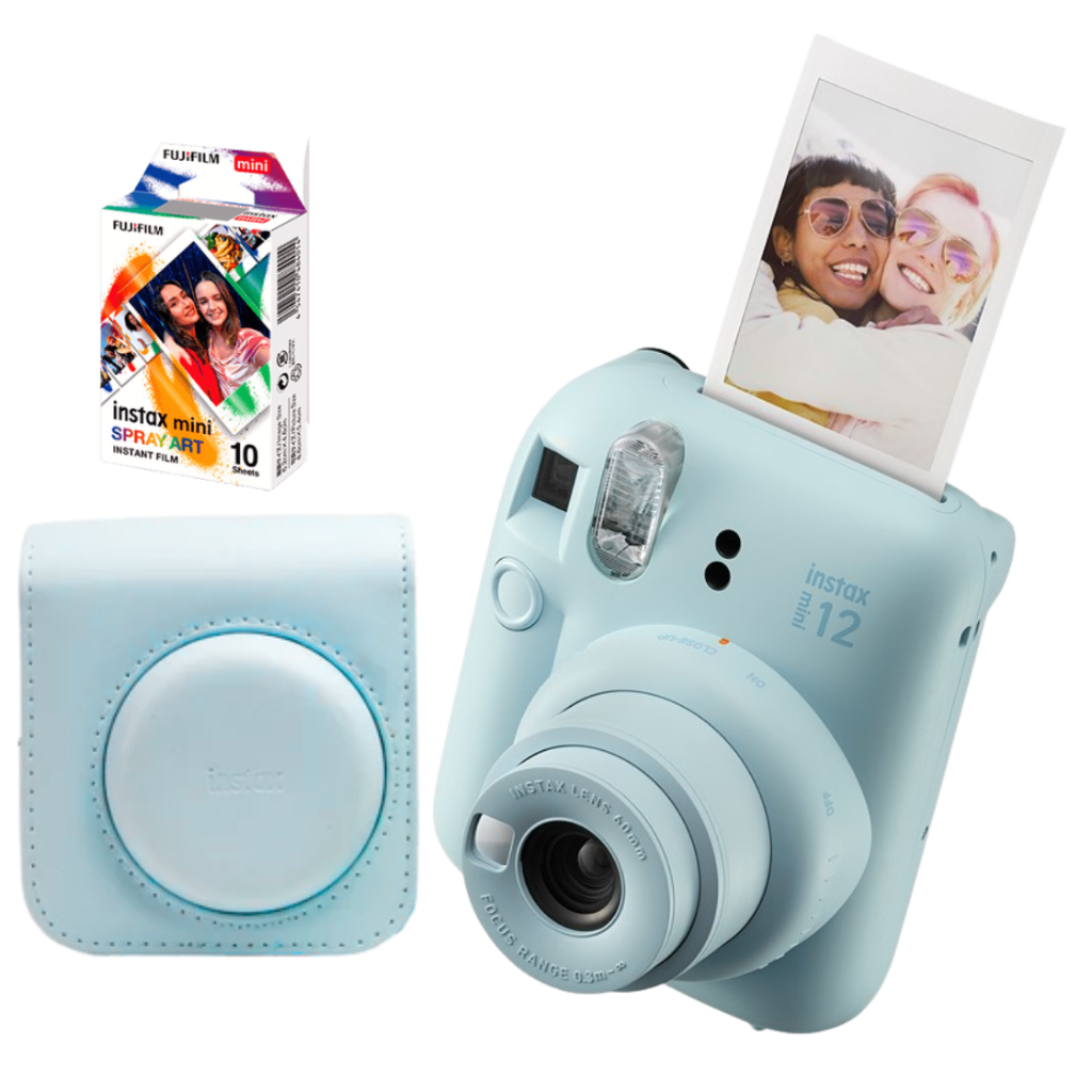 Kit Câmera Instax Mini 12 Azul Bolsa Filme Fotos Reveladas Instantâneas Presente Retrô Spray Art