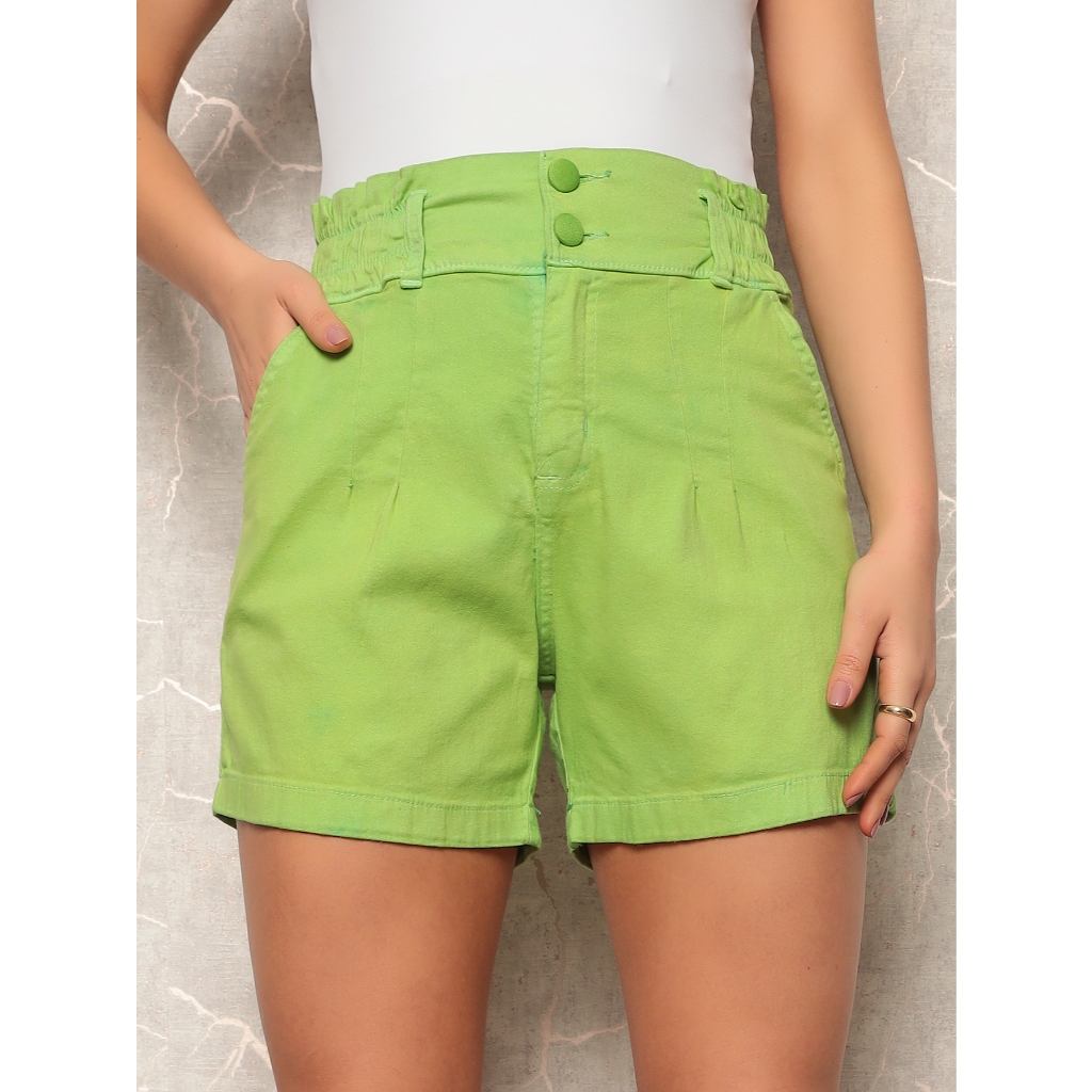 Shorts Curto Bermuda Feminino Cintura Alta Com Elástico e Botão Sarja Verde