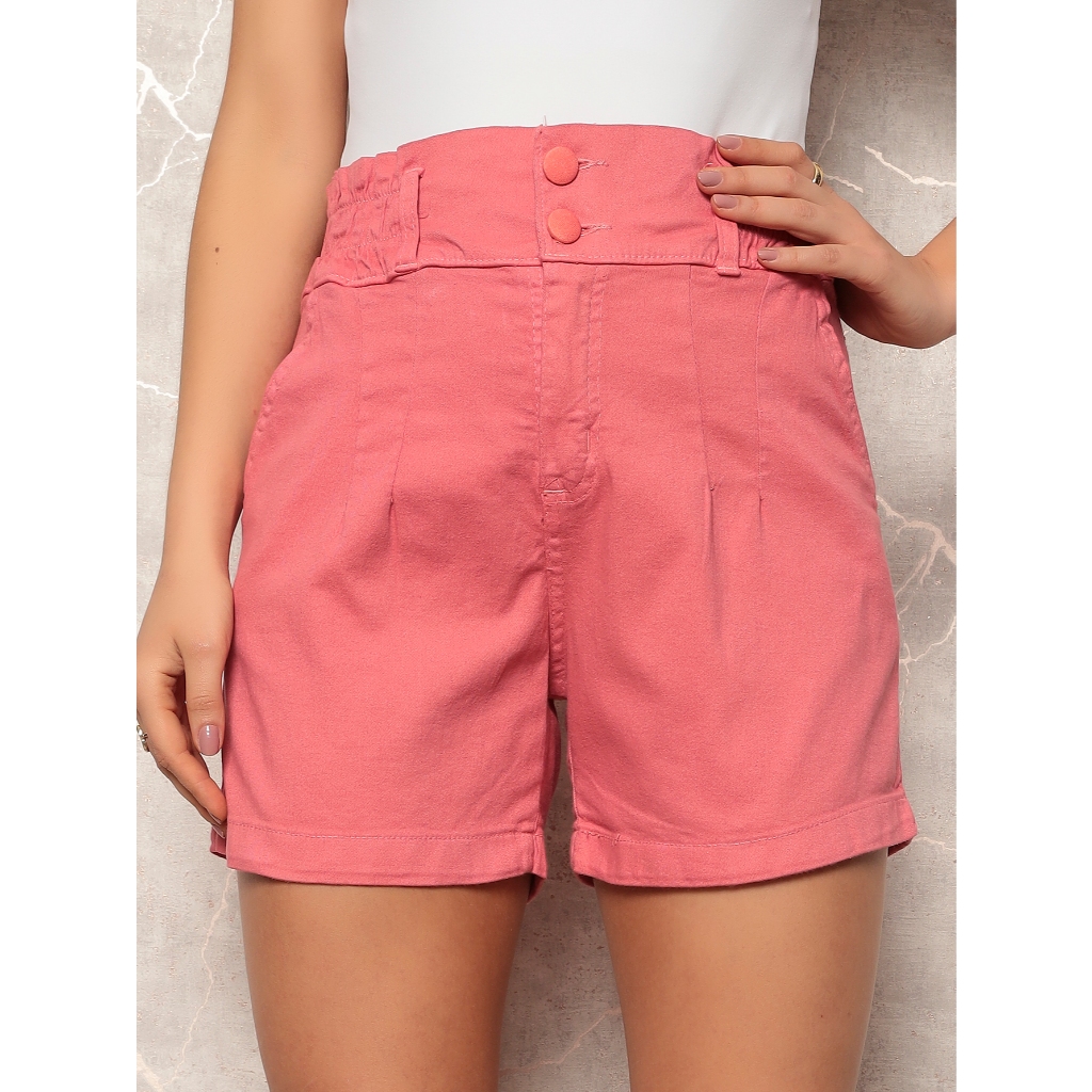 Shorts Curto Bermuda Feminino Cintura Alta Rosa Com Elástico e Botão Sarja
