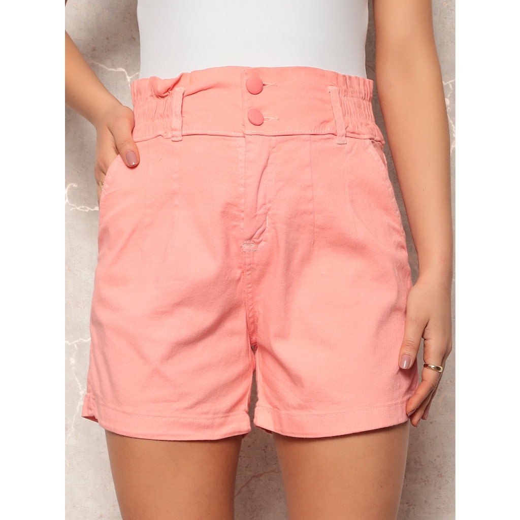 Shorts Curto Bermuda Feminino Cintura Alta Rosa Com Elástico e Botão Sarja Rosa