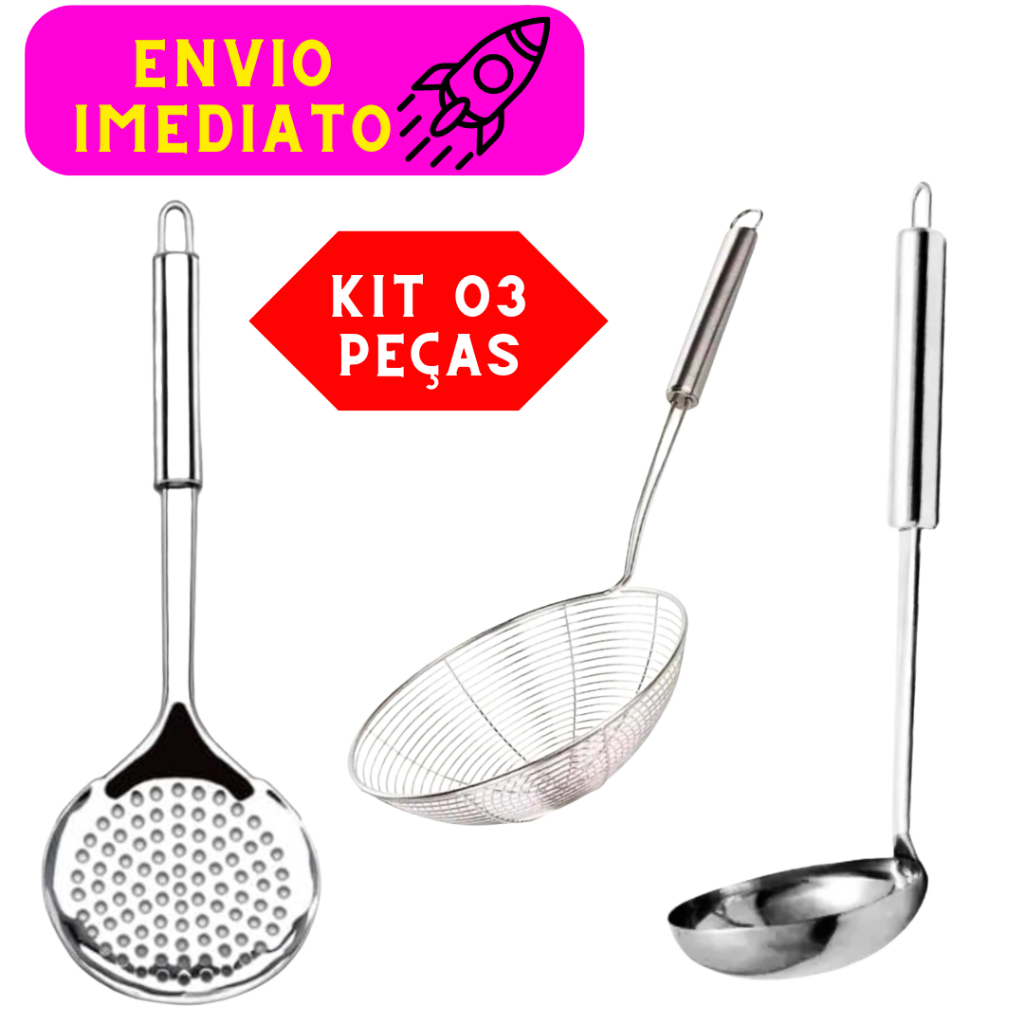 Kit 03 Peças 01 Escumadeira Inox 01 Escumadeira Para Fritura e 01 Concha Aço Inox Utensílios Cozinha