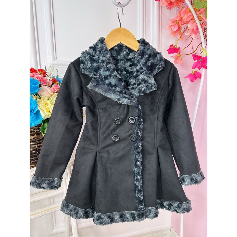 Casaco Sobretudo Infantil Suede Preto Pelúcia Grafite C/ Botão