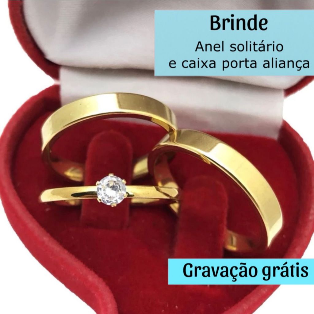 Par Aliança Quadrada Banhada Ouro 18K Anel Solitário Caixa Porta Aliança Gravação Noivado Casamento