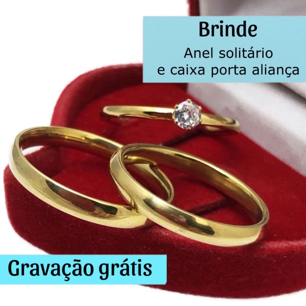 Par De Aliança Lisa Banhada A Ouro 18K Com Anel Solitário Caixa Porta Aliança E Gravação Grátis Noivado Casamento 4mm em Oferta na Shopee
