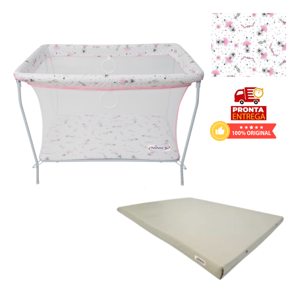 BERÇO CERCADO CHIQUEIRINHO BAILARINA COM COLCHÃO E MOSQUITEIRO NINOS em Oferta na Shopee