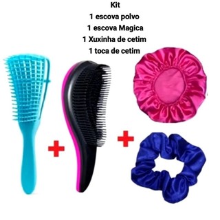 Kit 1 Escova Polvo + 1 Escova Magica + 1 Touca de Cetim + 1 Xuxa de cetim